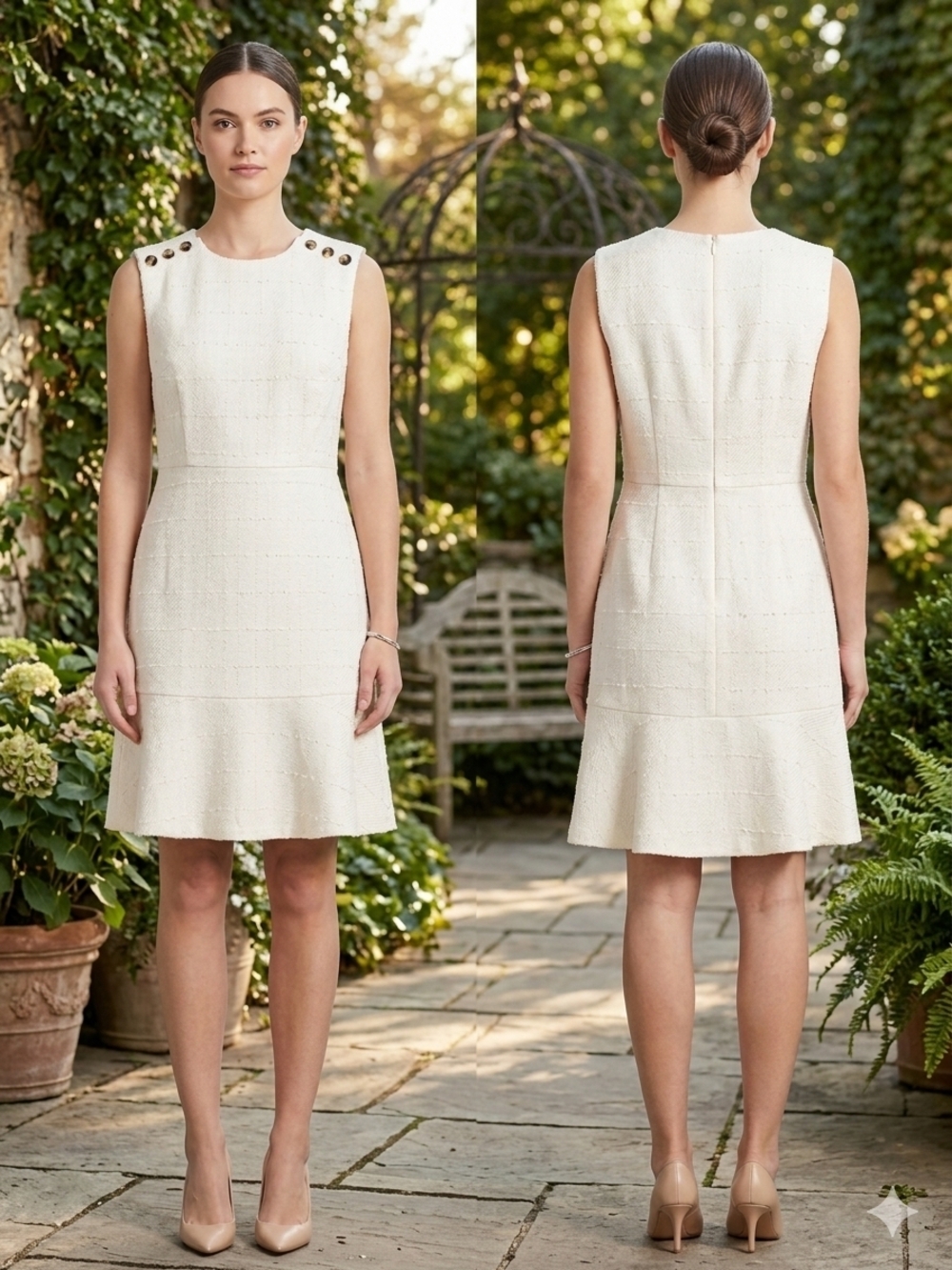 Sleeveless White Tweed A-Line Dress with Button Detail - NWT